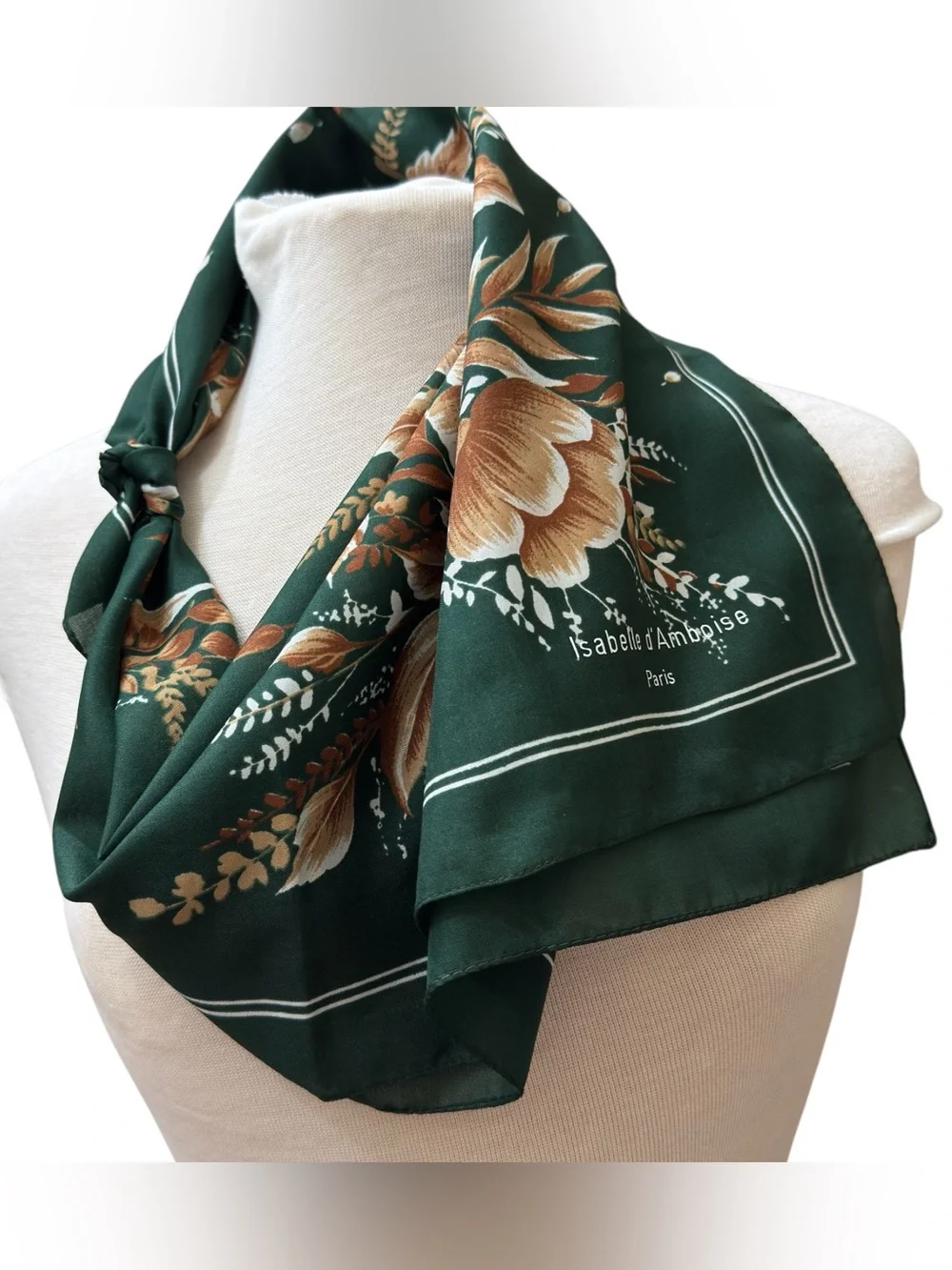 Vintage Isabelle d’Amboise Paris Green Floral Square Scarf 27” French Designer